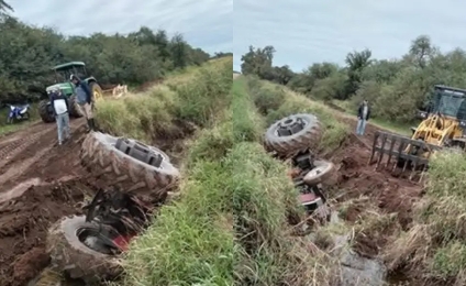 Un tractor volcó a un canal y su conductor saltó a tiempo